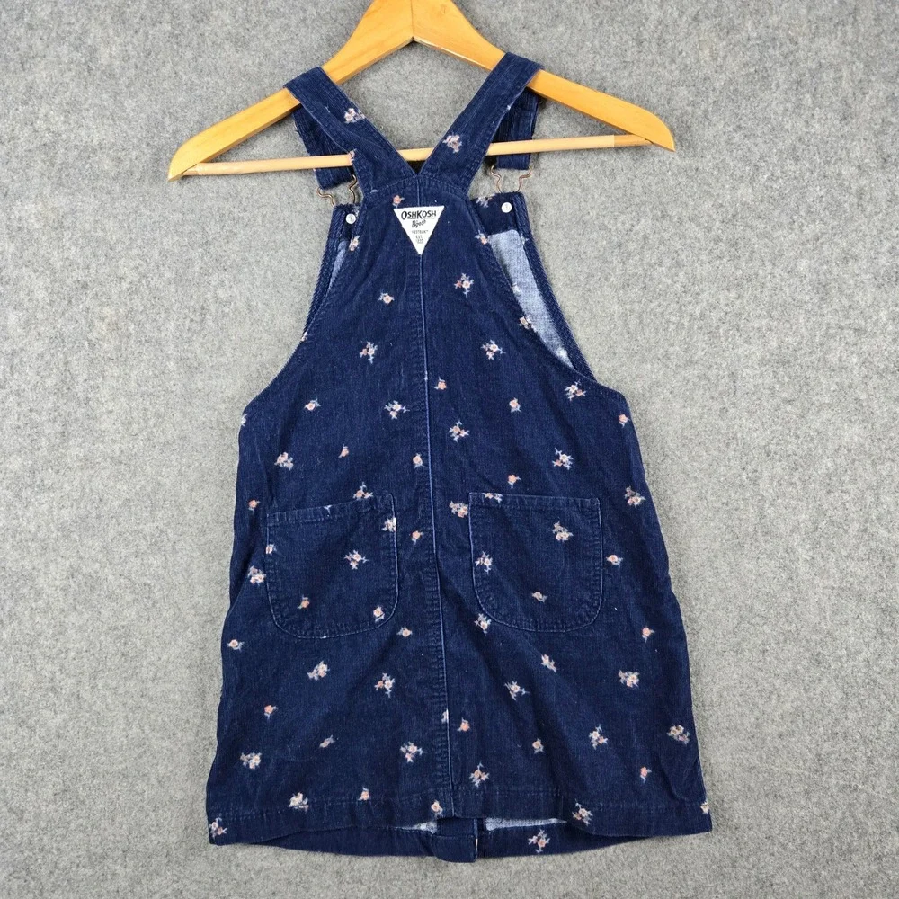 OshKosh B'gosh Floral Corduroy Jumper Dress Girls Size 10 Navy Blue Pinafore